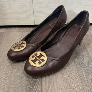 Tory Burch Chocolate Leather Flats with Gold Emblem